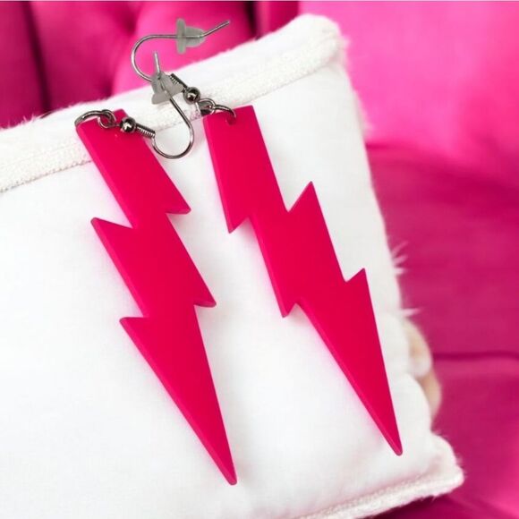 Neon Pink Lightning Bolt Earrings Blacklight Glow Party Glowwave 80s Retro Dark - Picture 3 of 7